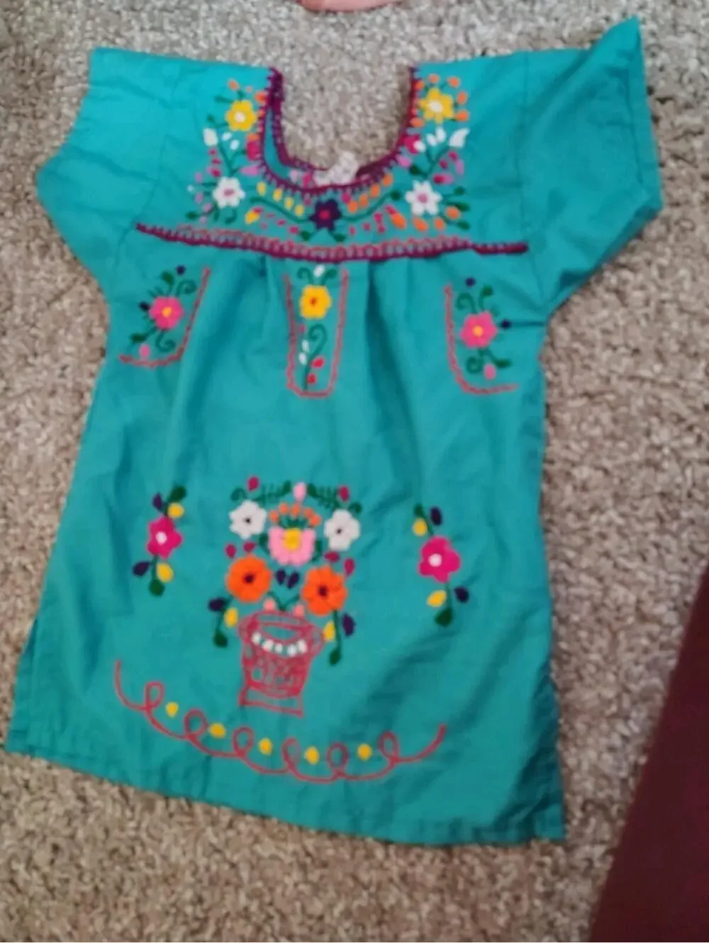 Baby Girl Mexican Dress Teal Green Floral 100% Cotton Embroidered 6-12 mo